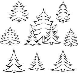 Fototapeta premium Isolated black and white color pine trees in graphic lineart style set, forest, park and garden tree vector signs collection