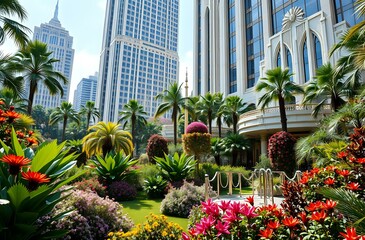 Fototapeta premium Elegant Art Deco Botanical Garden with Towering Buildings - Adobe Stock