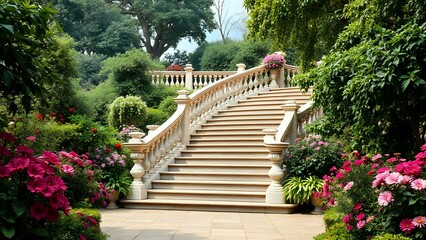 Elegant Baroque Garden Staircase with Lush Flowers