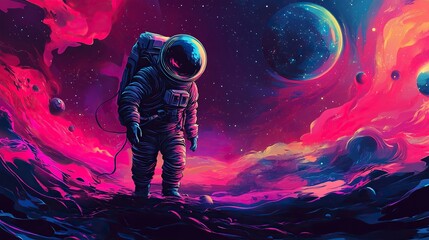 Obraz premium Vector illustration of space, cosmonaut and galaxy for poster, banner or background. Abstract drawings of the future, science fiction and astronomy