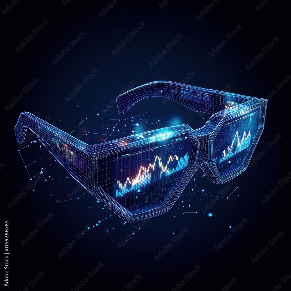 Poster futuristic augmented reality glasses displaying data visualizations in a tech-inspired digital envir