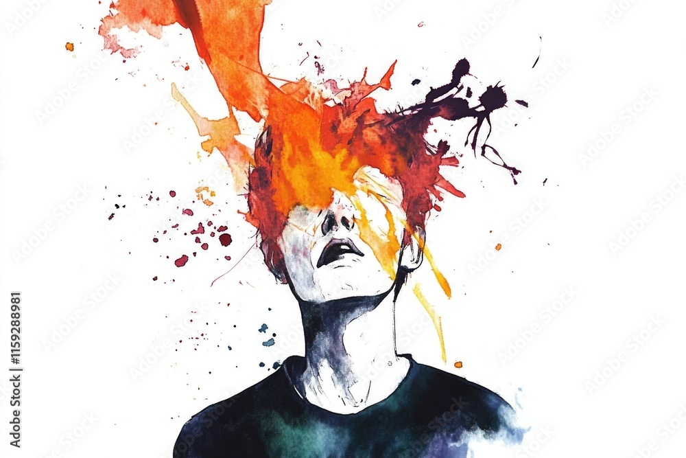 Poster a person with a flame or sparks on their head, possibly in a symbolic or surreal context