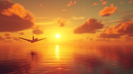 Airplane Silhouette at Sunset Over Calm Ocean Waters