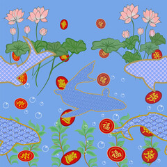 Chinese blessing elegant illustration opulent fishes pattern happiness, wealth, lucky, powerful