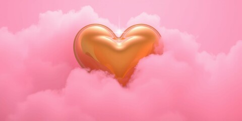 Obraz premium A heart is floating in the sky above a pink background. The heart is made of gold and is surrounded by clouds. Concept of love and warmth, as the heart is a symbol of affection