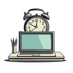 A serene workspace featuring a laptop and a vintage alarm clock, symbolizing productivity and time management.