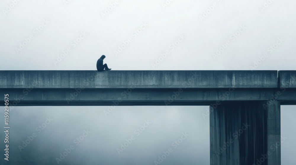 Poster lone figure sits on the edge of a foggy bridge, contemplating solitude in a mysterious setting. gene