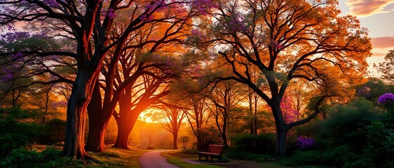 Serene Sunset Forest Path with Warm Golden Hues