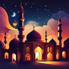 illustration of the atmosphere of Ramadan at night with a mosque in the background