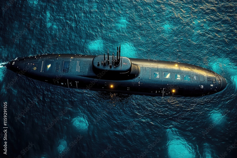 Poster a submarine navigates through the calm waters of the open ocean, ready for its mission