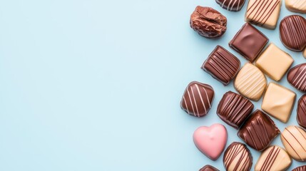 Obraz premium Minimal chocolates idea. A delightful arrangement of assorted chocolates on a light blue background.