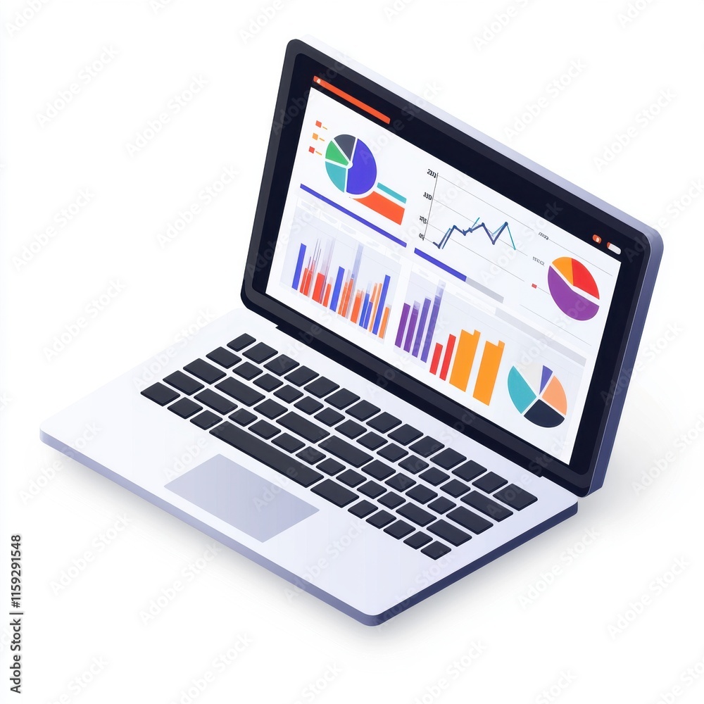 Poster a modern laptop displaying colorful graphs and charts for data analysis.