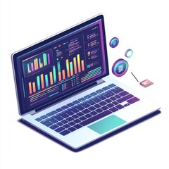 Stylized laptop displaying colorful data analytics and graphs, showcasing modern digital technology trends.