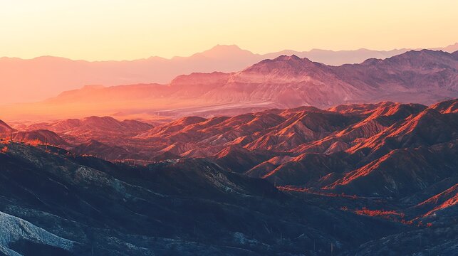 Sunset Over Red Desert Mountain Ranges