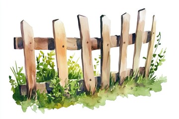 Obraz premium Watercolor illustration of a rustic wooden fence with texture and details