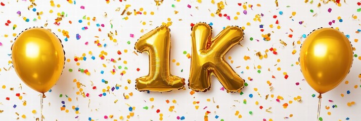 Celebrating 1,000 subscribers with golden balloons and colorful confetti for a cheerful occasion. Generative AI