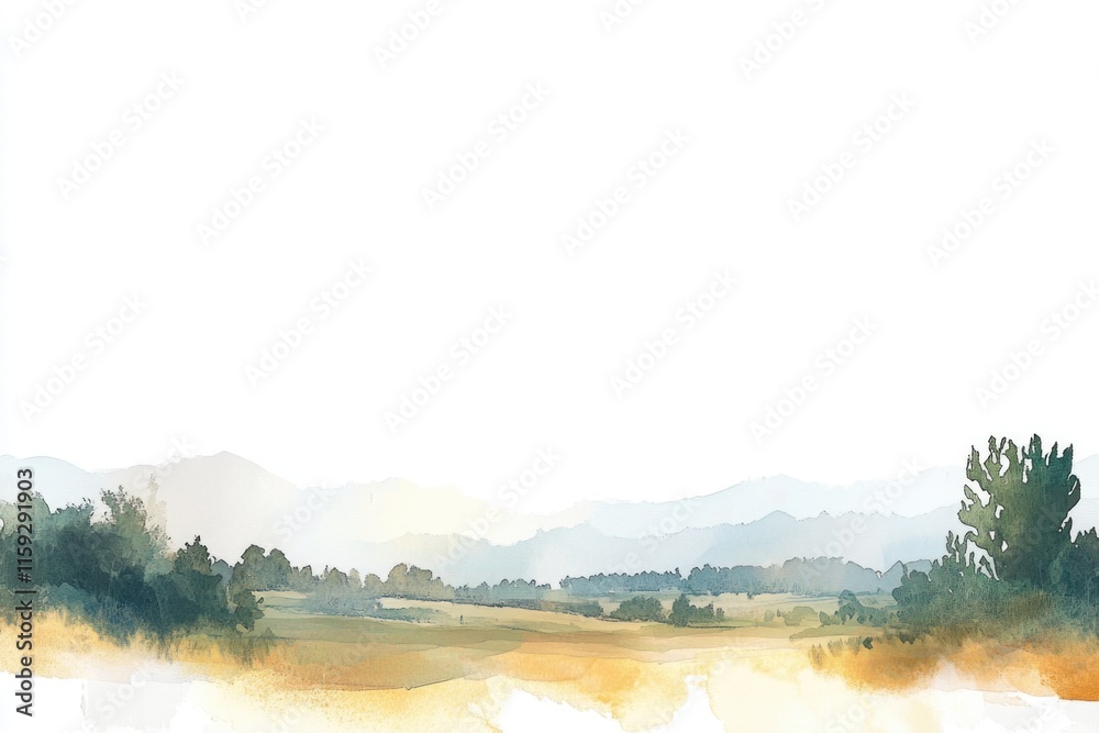 Poster a serene watercolor landscape featuring a field with trees and mountains in the background