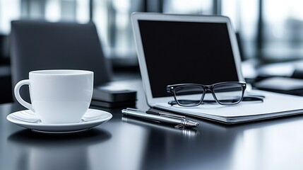 Fototapeta premium Serene Office Workspace: Coffee, Laptop, and Documents