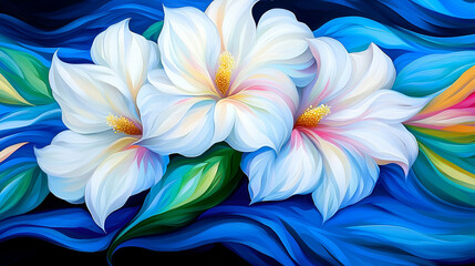 Vibrant painting of white flowers set against a swirling blue background, showcasing floral beauty and artistic flair.