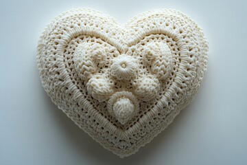 A handmade crocheted heart on a plain white surface, perfect for valentines day or romantic gift wrapping