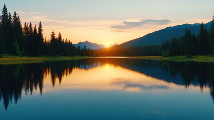 Fototapeta premium Serene Sunset Over Calm Lake with Reflection of Mountains and Pine Trees in Tranquil Natural Landscape