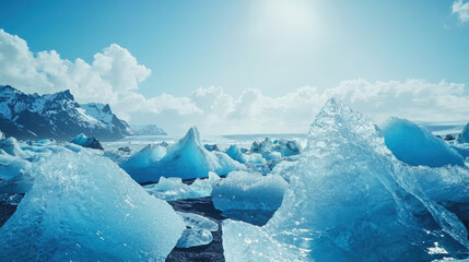 Obraz premium Stunning ice formations on glacial beach under bright sky, showcasing nature beauty and tranquility