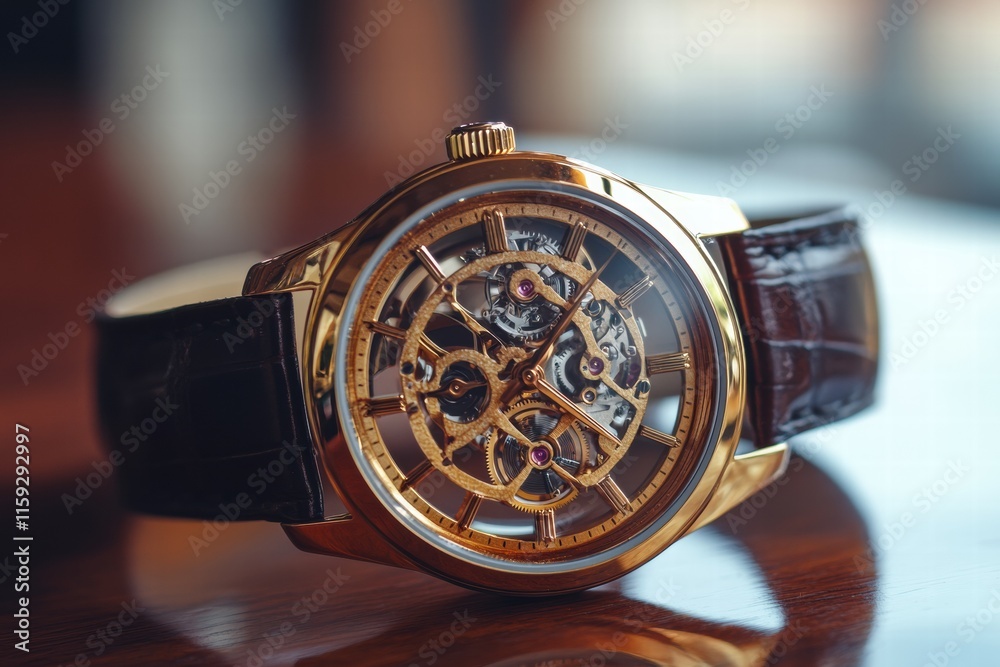 Poster Luxury wristwatch with a golden frame and intricate design displaying craftsmanship and elegance on a wooden surface. Generative AI