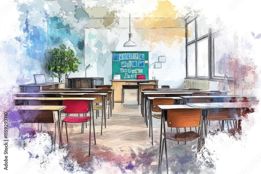 Poster a simple classroom scene with desks and a chalkboard, suitable for educational or office use
