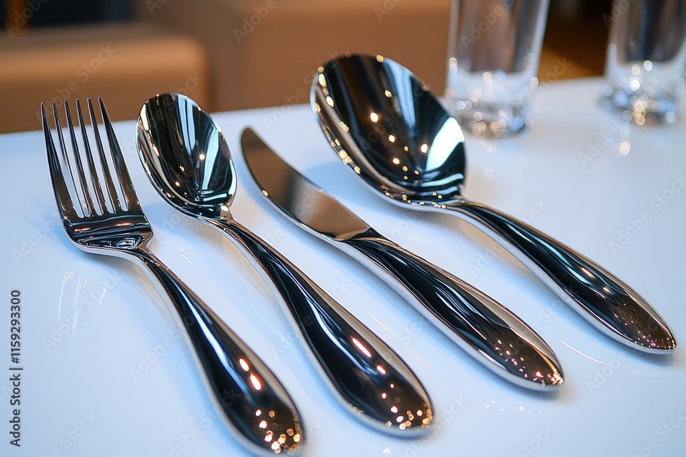 Poster a set of silverware arranged neatly on a white table