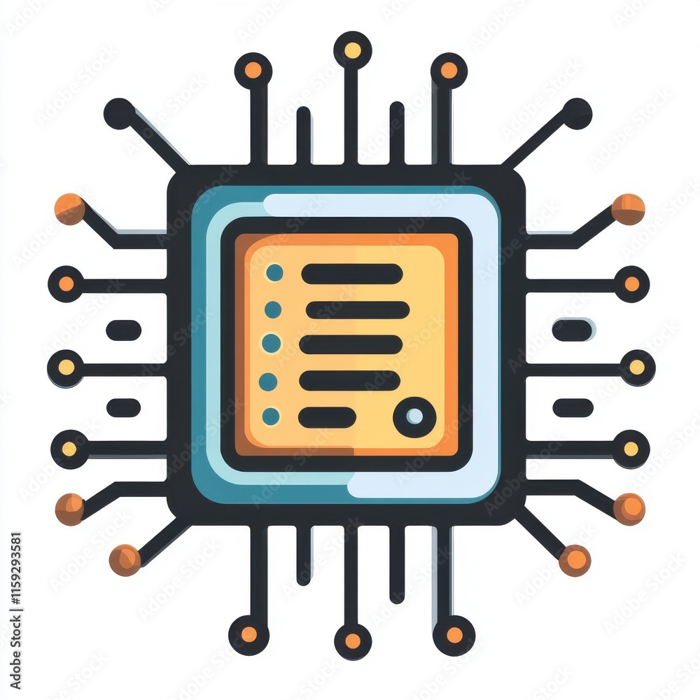 Poster abstract illustration of a microchip design with colorful connections and circuitry patterns.