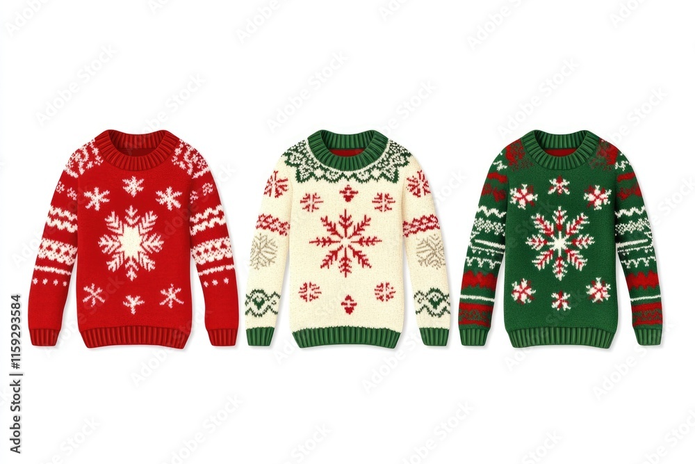 Aufkleber three colorful sweaters featuring intricate snowflake designs on a white background