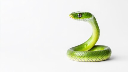 Fototapeta premium Vibrant Green Snake with Smooth Scales Displaying Elegant Curvature Against a Minimalistic White Background for Nature and Wildlife Themes