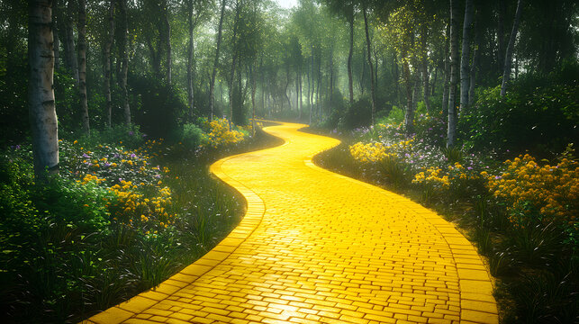 Fototapeta Enchanted yellow brick road leading to magical emerald city in springtime , fantasy, oz, magicians isolated on white background, space for captions, png. Enchanted. Illustration