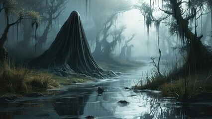 Eerie swamp scene shrouded in fog, featuring ghostly figure, serene water reflections, and dark atmospheric environment