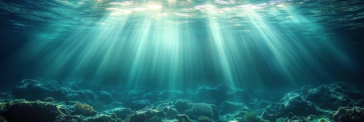  Underwater scene with rays of light shining down on the ocean floor, creating an ethereal and magical atmosphere