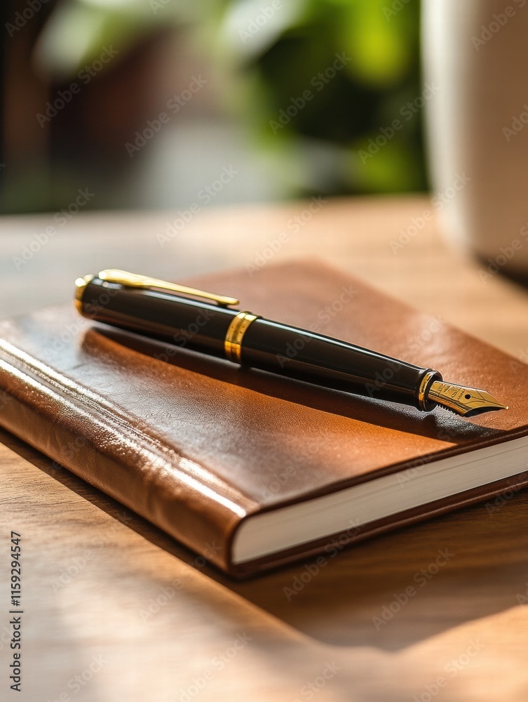 Poster Elegant luxury fountain pen with gold accents resting on a leather notebook in a cozy workspace setting illuminated by soft light. Generative AI