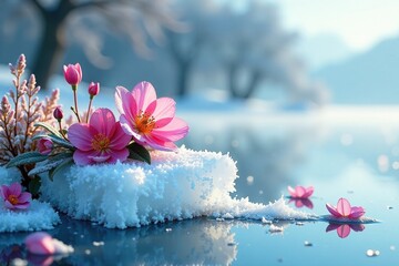 Frosty landscape with blooming flowers on ice block, frozen, plants, winter