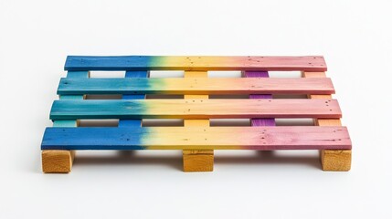 Colorful Wooden Pallet with a Gradient Design in Vibrant Blue and Yellow Tones on a Clean White Background Ideal for Creative Projects and Backgrounds