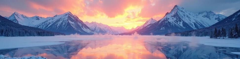 Frosty mountain peaks gently rise above a serene frozen lake as the morning sun begins its ascent, snow, frozen