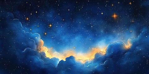 Fototapeta premium Watercolor illustration of a deep blue starry sky, glowing clouds, and a fantastical background.
