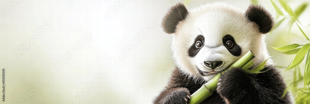 Leinwandbilder cute panda holding fresh bamboo with soft background and ample space for text. generative ai
