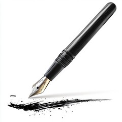 A sleek black fountain pen elegantly glides across a white surface, leaving a bold, inked stroke.