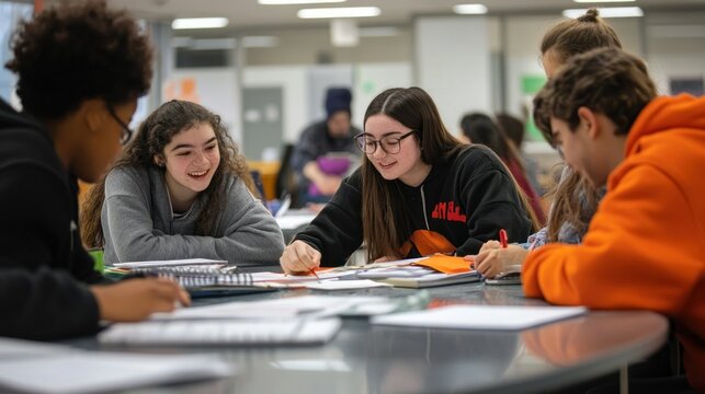 Diverse students collaborate on a project, studying together at a table.