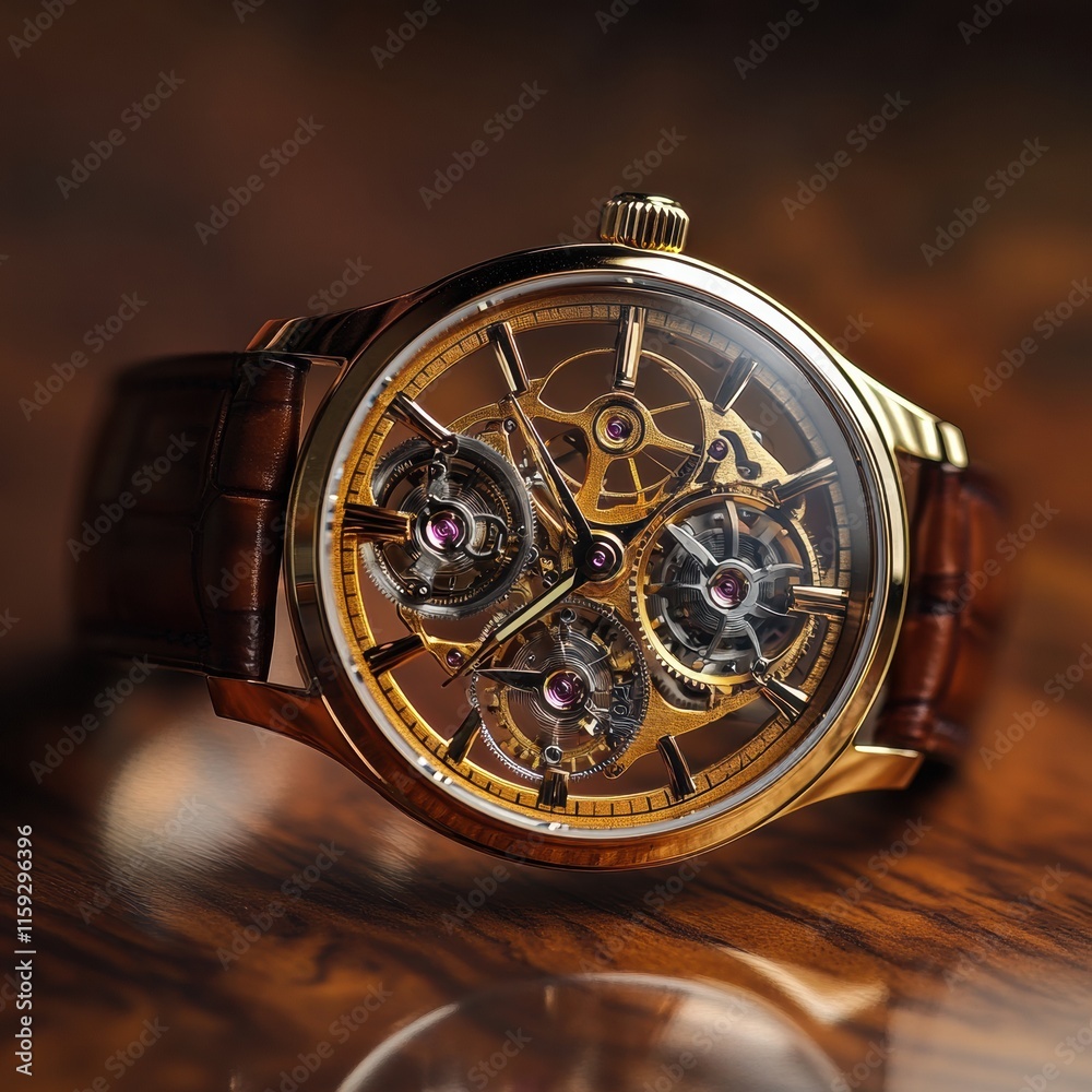 Poster luxury wristwatch with golden frame showcasing intricate mechanics on polished wooden surface. gener