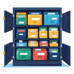 A colorful filing cabinet filled with neatly organized folders and documents in various shades.