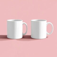 Two blank white mugs on a soft pink surface, ready for customization or branding.
