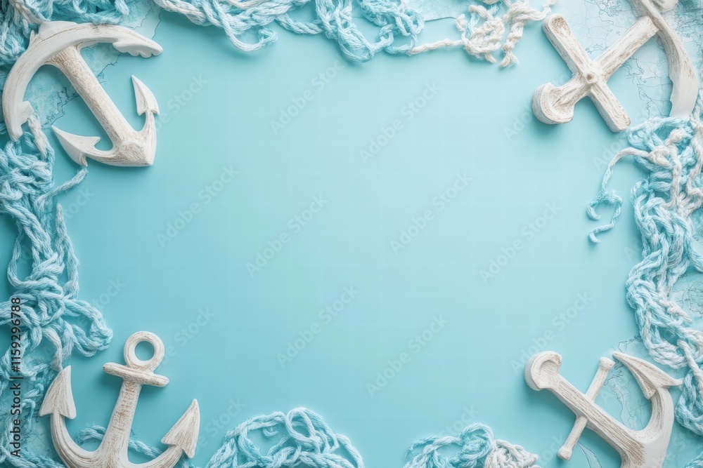 Fototapete Nautical map background featuring anchors and rope in a decorative layout with ample copy space for text. Generative AI