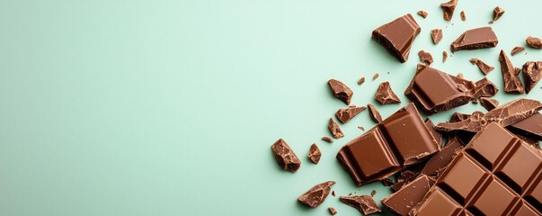 Minimal chocolates idea. Delicious broken chocolate pieces on a mint green background.