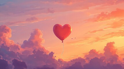 Fototapeta premium A red heart-shaped balloon floats in a vibrant sunset sky amidst fluffy clouds.