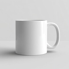 A simple white ceramic mug isolated on a light gray background, ideal for personalizing with designs or logos.